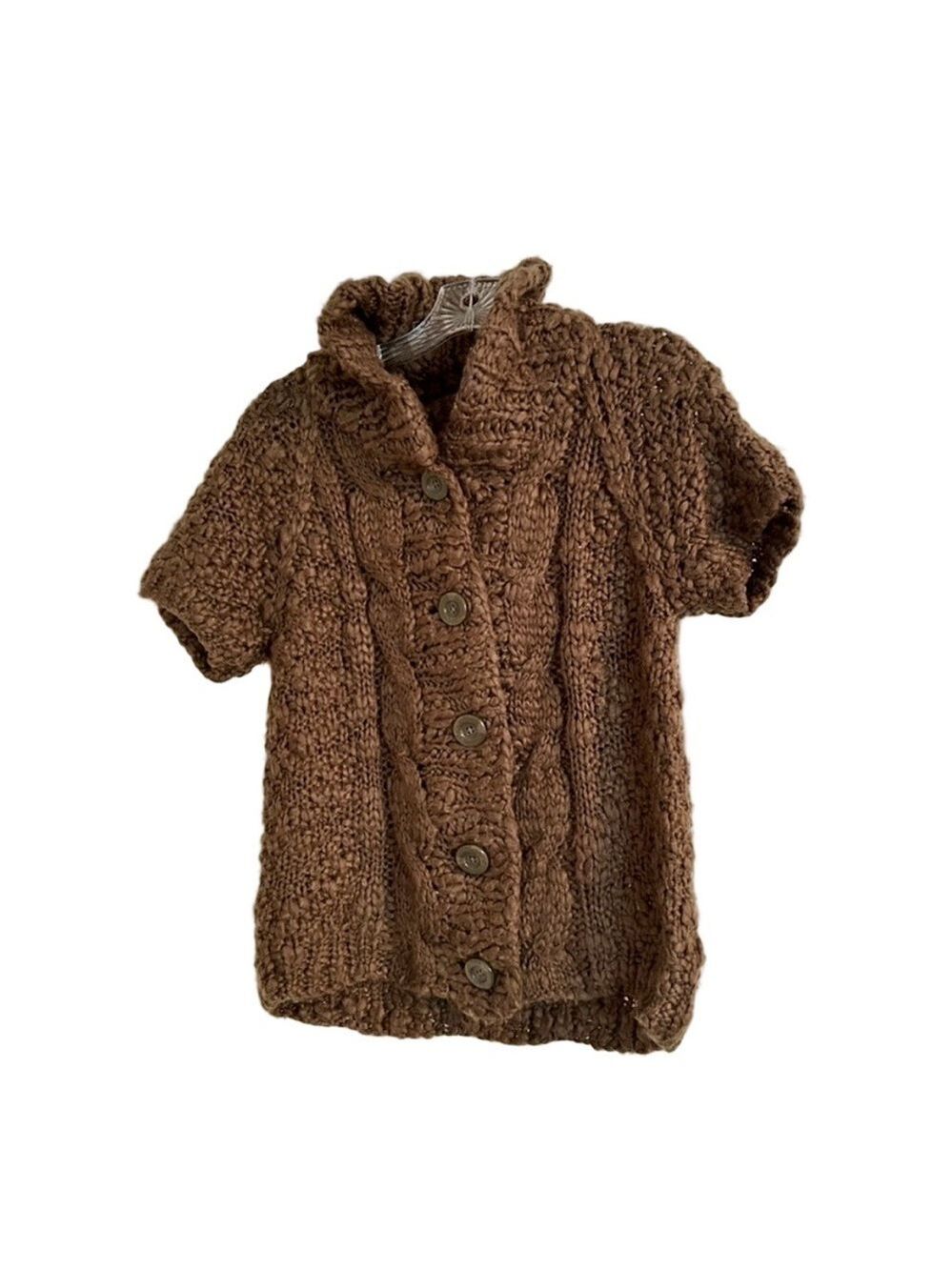 Vivienne Tam Brown Chunky Knit Cardigan Mock Neck Short Sleeve Size M